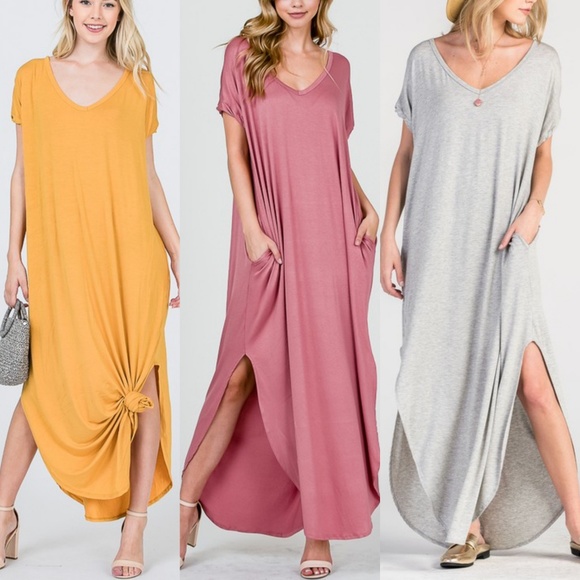 BLACK Oversized loose maxi dress slit pockets Boho - Picture 7 of 8